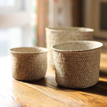 Hua Han milk true grass woven small round storage desktop bathroom bedroom kitchen storage flower machine pure hand