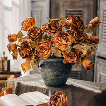 Juhan French dry color simulation rose retro caramel window fake flower immortal flower art props table decoration