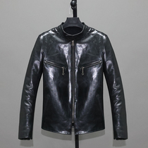 Hard heavy heavy heavy planting tanning head layer cowhide leather leather leather clothing mens slim body short bright stand collar casual jacket mens Willow