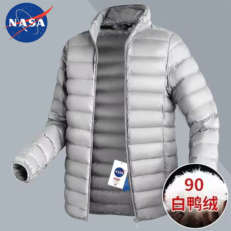 NASA公式提携ブランド秋冬メンズダウンジャケット、薄くて短いホワイトダックダウンカジュアルスタンドカラースリム暖かいジャケット