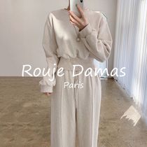 French rouje damas round neck loose solid color long sleeve sweater lace high waist casual wide leg trousers set