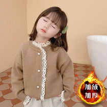 Girls sweater 2021 autumn and winter New Korean version of foreign-style childrens knitwear women baby lace-rimmed pullover top