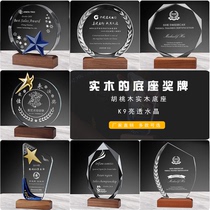 Crystal trophy Walnut base Custom solid wood medal School company employee activity creative octagonal card as a souvenir