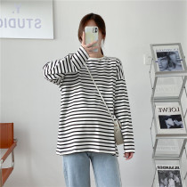 Korean version of loose pregnant womens autumn fashion striped T-shirt long sleeve new coat Net Red large size base sweater women