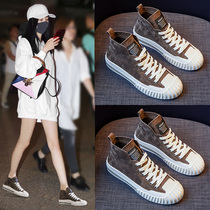Hong Kong Tide brand 2021 autumn new high-top leather canvas shoes Joker casual womens shoes fashion lace-up breathable board shoes