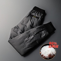White duck down pants mens winter wear plus velvet thickened northeast outdoor sports light and thin warm rubber cotton pants