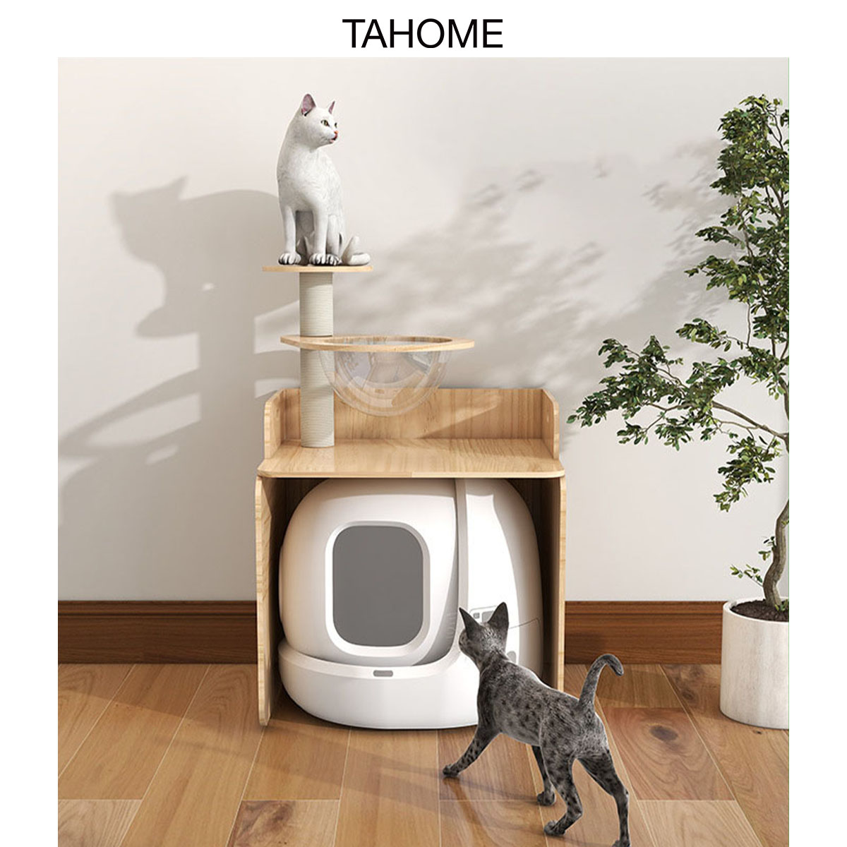 TAHOME 猫用トイレキャビネット、小型猫用トイレ収納ラック、上部消臭猫用クライミングフレーム付き、猫用トイレキャビネット