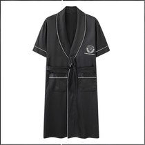 Men Sleeping Robes Summer Ice Silk Sleepwear One-piece Short Sleeves Black Bathrobe Summer Emulation silk Home Clothing Thin