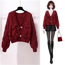 Sweet and windy bow tie short sweater cardiovert jacket woman dress 2022 autumn and winter new loose outside wearing knit