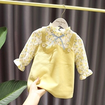 Girls dress 2021 spring and autumn new baby style belt skirt children floral fake two princess skirt long sleeve