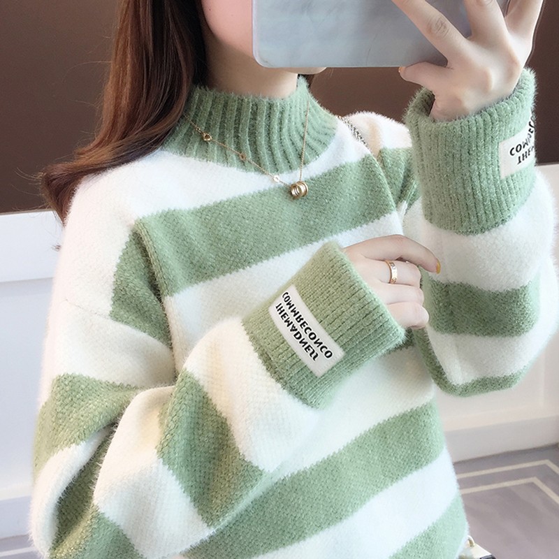 Mink Fleece Sweater Women's Half High Neck Pullover with Plush 2023 Autumn/Winter New Student Loose Bottom Top Knit