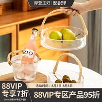 Modern housewife net red glass fruit plate Household living room coffee table Ice bucket creative personality bamboo and rattan portable fruit basket