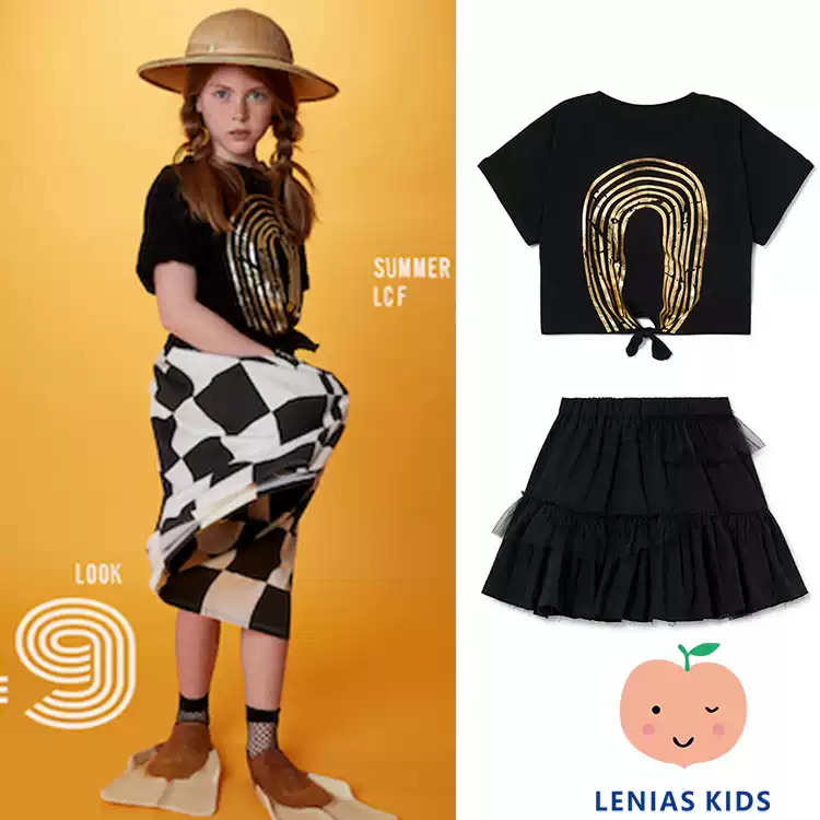 Lenias LN家 LCF 23SS春夏 儿童 黑色印花T恤+百褶纱纱半裙