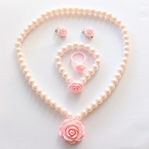 Korean childrens pearl necklace set girl rose necklace baby ear clip ring Princess jewelry