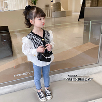 Girl Shirt 2022 Spring Dress New Children Foreign Air Knit Splicing Lining Clothes Baby Long Sleeve Blouses Dollshirt Tide