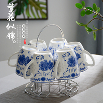 Household ceramic teacup water cup set living room with handle cup tea drinking water blue and white porcelain ceramic cup