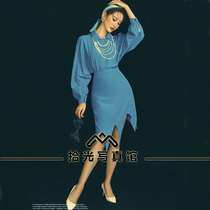 2021 Pictorial Shooting Retro Theme Photo Clothing Hong Kong Style Girl Hepburn Irregular Blue Dress Art Photo