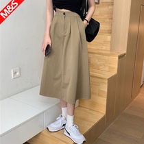 High-waisted a-line skirt Retro Japanese tooling style Khaki skirt Female medium-long commuter crotch umbrella skirt summer