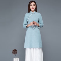 Tea clothing female Zen literature and art Chinese style Tang suit Chinese tea artist clothing female cotton linen improved disc buckle jacket female autumn