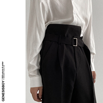GENESISBOY at a glance is very fashionable temperament with its own belt irregular waist casual straight trousers
