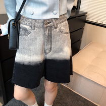 Wang Maidens shop gradient denim shorts 2021 new spring and autumn black high waist slim loose straight pants
