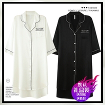 Black & White Color Ice Silk Sleeping Dress Woman Summer Sexy Slim Fit Boyfriend Wind Shirt Dress Emulation Silk Big Code Sleeping Dress Fat Mm