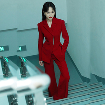 Star Tang Yan same high-grade red suit suit women Spring and Autumn casual fashion suit wide leg pants two-piece set