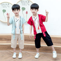 Cotton hemp boy summer suit 2021 Chinese style little boy childrens Tang dress ancient style red thin