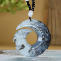 Hetian Jade turns the Kun Jade brand tobacco blue and white jade time to run Taoist jade pendant male safe buckle Jade