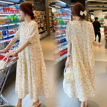 New summer Korean edition large size maternity suit top loose short sleeve summer floral Chiffon dress long dress