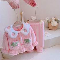 Girls 2021 New Autumn Winter Women baby Korean version of thick flannel pajamas children thick home clothing set