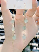 Japan-ROK new high sense inlaid drill earrings female long style green cat eye stone flow suearline gold ultra-fairy anti-throw ear decoration