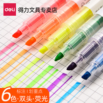 6 packs of Deli stationery highlighter pen Double-headed color roughing key painting set pen Candy color marker pen Student hand-painted fluorescent student homework notes Flash eye-catching marker pen