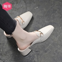 Leather Dadong Baotou half slippers women wear new summer 2021 New Muller womens shoes Middle heel single shoes womens cool
