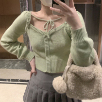GRID STUDIO green knit undershirt woman sashimi early spring new V collar long sleeves sweaters short blouses