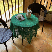 Retro American crochet lace round table cloth idyllic Nordic wind INS knitting hollow literary green plaid tablecloth