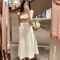 French retro contrast design sense white maternity dress Womens summer 2021 Western style suspender mid-length dress autumn