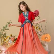 Chinese style summer Women 2020 new Hanfu V collar short sleeve long skirt hipster chiffon dress