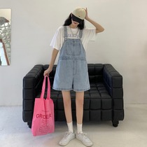 Denim bib pants Womens summer small loose wide leg straight pants High waist thin section A-line shorts medium pants