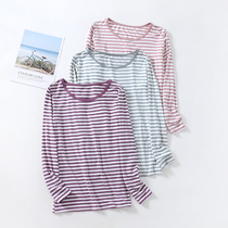 Modal pajamas womens top single long sleeve striped autumn coat loose bottom light soft T-shirt stretch outside wear