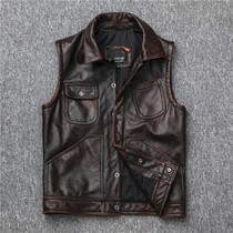 Cowhide leather leather clothing men slim short leather vest vest heavy motorcycle motorcycle suit lapel vintage made old