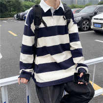 Long sleeve T-shirt men Autumn Tide brand ins black and white striped polo shirt student couple sweater Japanese loose top