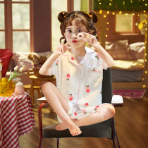 Childrens pajamas Girls summer cotton gauze thin short-sleeved suit Little girl princess summer big childrens home clothes