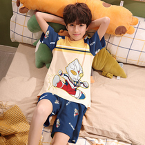 Childrens pajamas Boys summer short-sleeved shorts Cotton thin section suit Boy 12-year-old middle and large children Foreign style home clothes