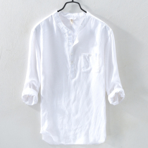 Hong Kong linen stand-up collar three-point sleeve shirt Mens mid-sleeve pullover loose and breathable mens clothes summer cotton and linen shirt