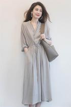 South Korea 2021 summer new Korean version lace-up shirt long dress net red medium-long thin wild retro dress