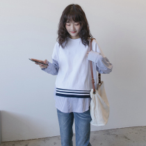 Pregnant Woman Autumn Clothing T-shirt Doll-Shirt Fashion Splicing Striped Shirt Mid-Length Loose Large Code Tidal Moms Casual Blouse