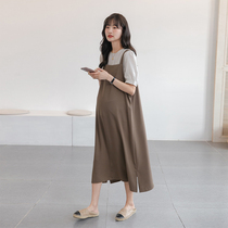 Intellectual charm~fashionable milk coffee pregnant woman summer dress two-piece chiffon skirt Korean thin strap long dress