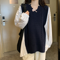 Sweater striped shirt ~ Fashion personality stitching maternity shirt spring and autumn Net red fried street tide mom out of clothes