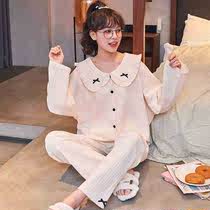 2021 new pajamas women spring and autumn cotton long sleeves sweet girl princess style can wear home clothes thin